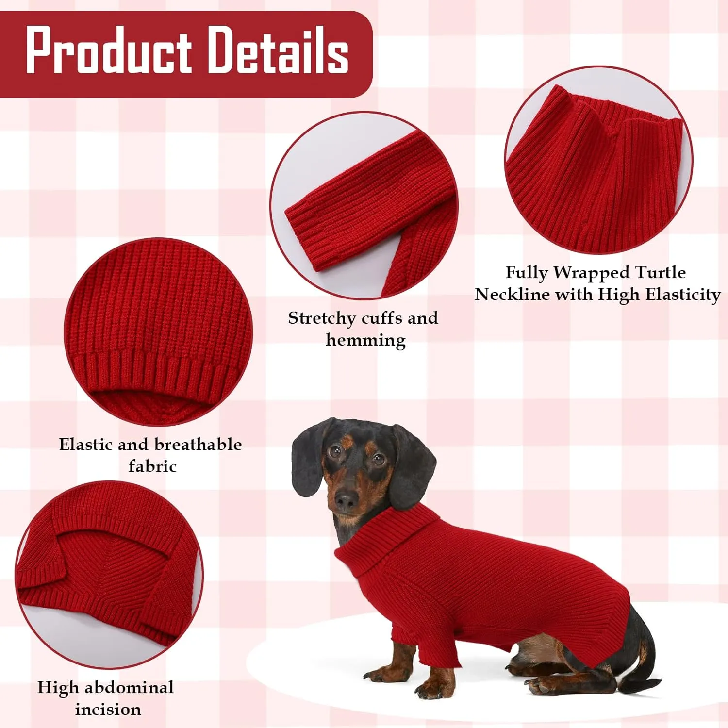 Geyecete Dachshund Turtleneck Sweater, Cold Weather Cable Knit Dog Pullover - Red, XS