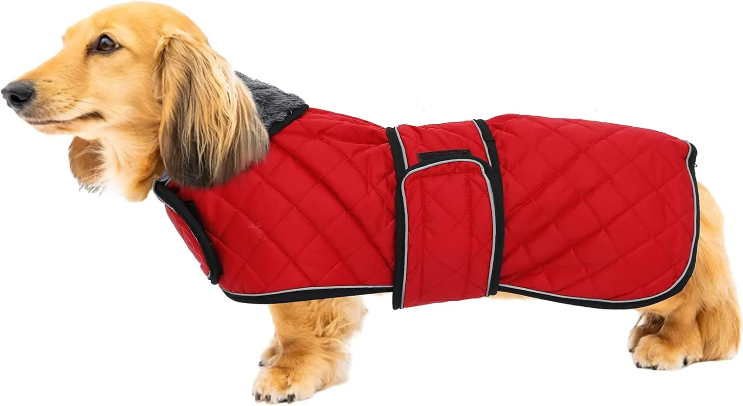 Geyecete Warm Thermal Quilted Dachshund Coat, Dog Winter Coat with Warm Fleece Lining, Outdoor Dog Apparel with Adjustable Bands for Medium, Large Dog-Red-M
