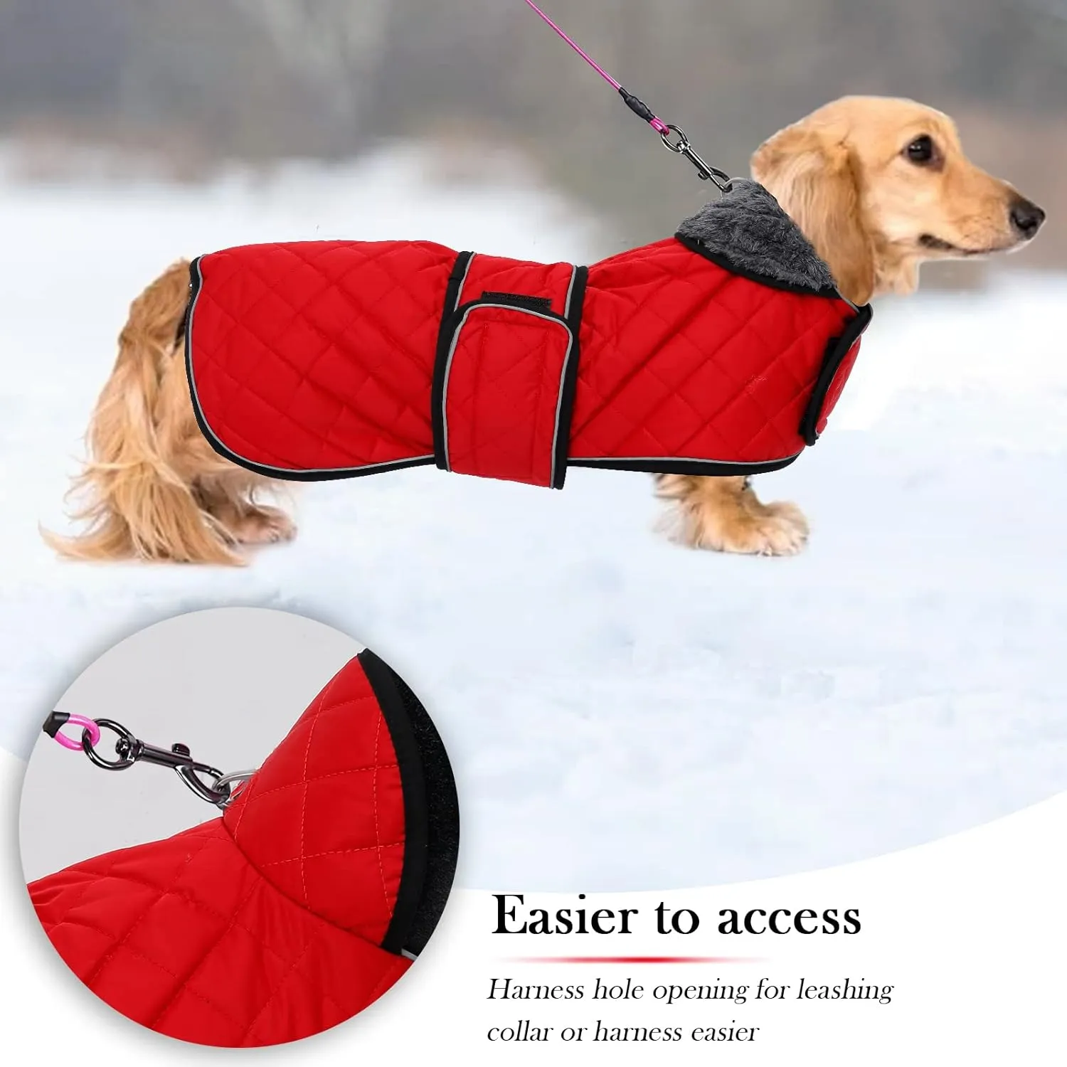 Geyecete Warm Thermal Quilted Dachshund Coat, Dog Winter Coat with Warm Fleece Lining, Outdoor Dog Apparel with Adjustable Bands for Medium, Large Dog-Red-M