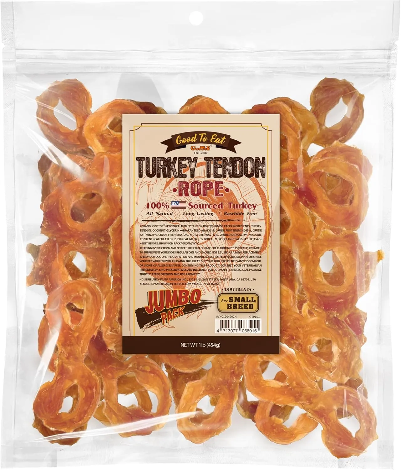 Gootoe Turkey Tendon Dog Treats, Rope (S) 1 lb, 100% USA-Sourced Turkey, Natural Snack, Premium Puppy Chews, Hypoallergenic, Reseal Value Bags, Sizes for Small Medium & Large Dogs