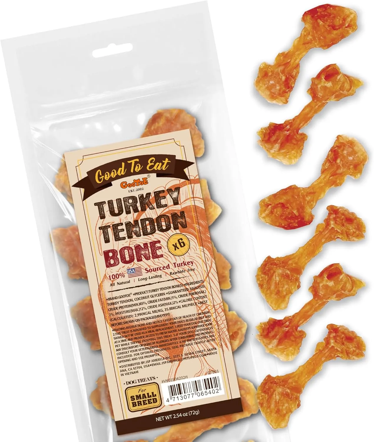 Gootoe Turkey Tendon Dog Treats, Turkey Tendon Bone (S) 6 Units/Pack, 100% USA-Sourced, Natural Snack, Premium Training Chews, Hypoallergenic, Reseal Value Bags, Sizes for Small Medium & Large Dogs