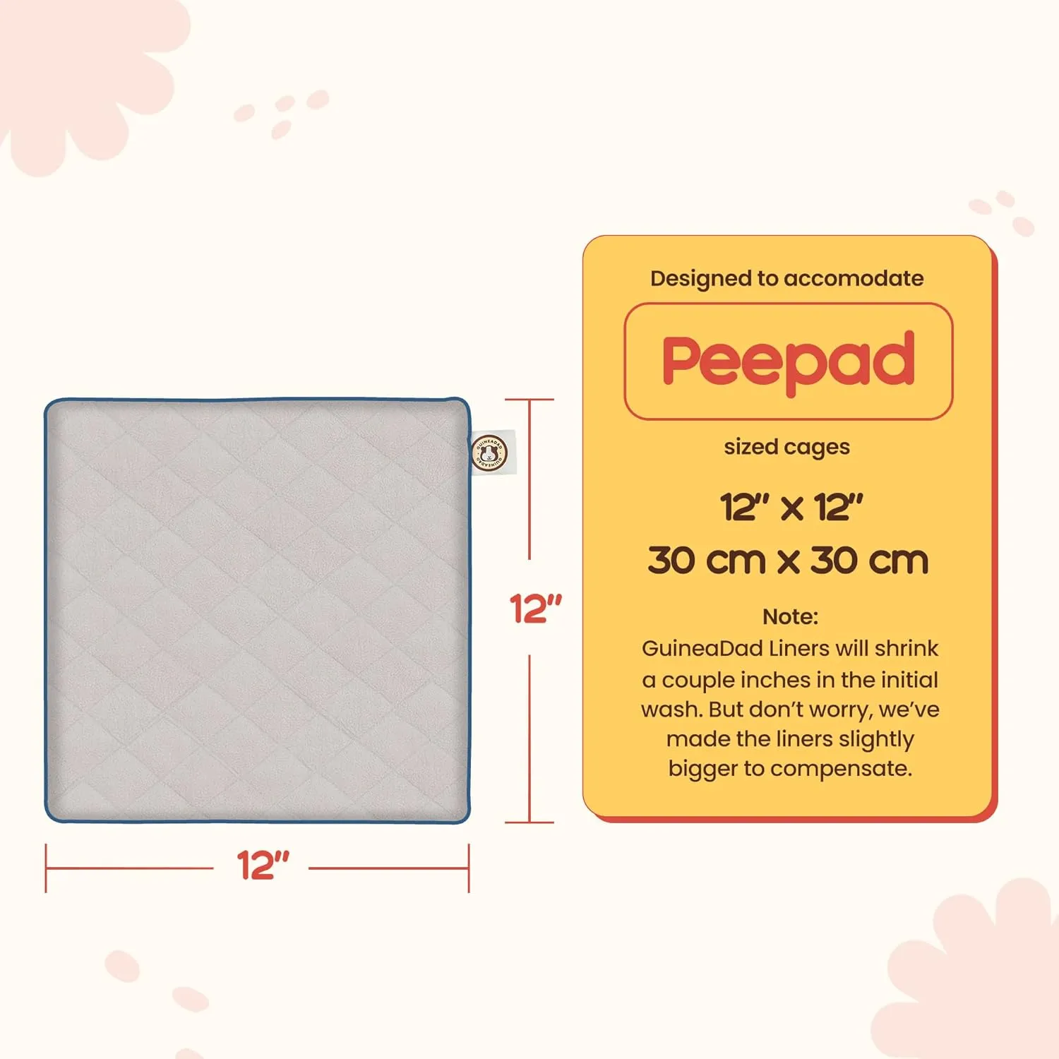 GuineaDad Original Reusable Pee Pads  3-Pack Gray Fleece Pads for Guinea Pig Cages  12x12 Inch Waterproof, Extra Absorbent Bamboo Core  Washable Liner for Small Pets  Cage & Carrier Supplies