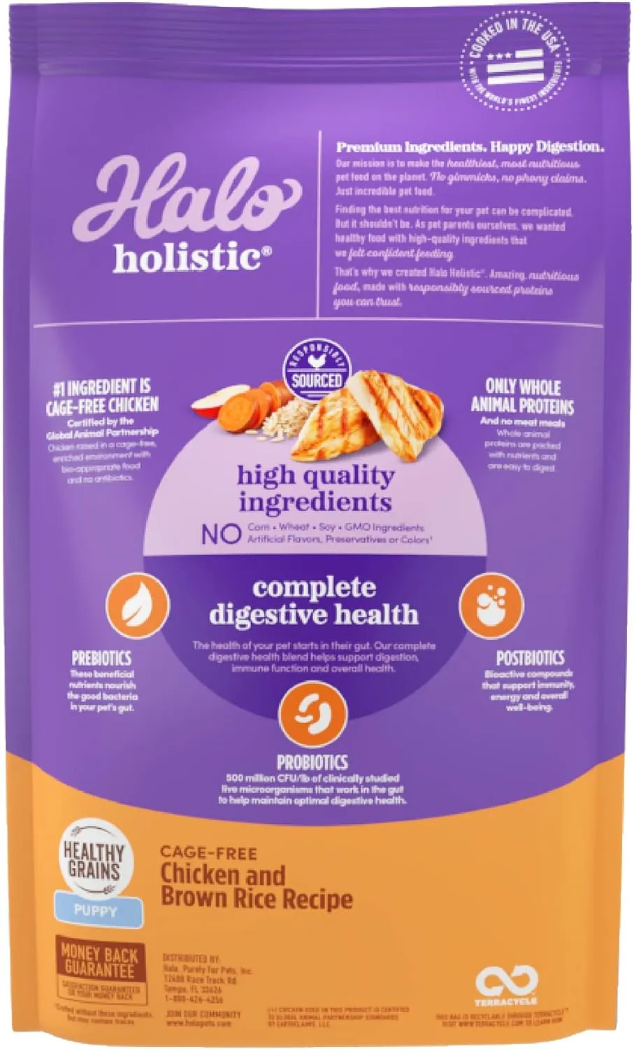Halo Holistic Puppy Food, Cage Free Chicken & Brown Rice Recipe, Healthy Grains Dry Dog Food, Complete Digestive Health, 3.5 lb Bag