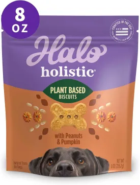Halo Holistic Vegan Dog Treats, Plant-Based Dog Treat with Peanuts & Pumpkins, Vegan Treat Pouch, 8 Oz bag