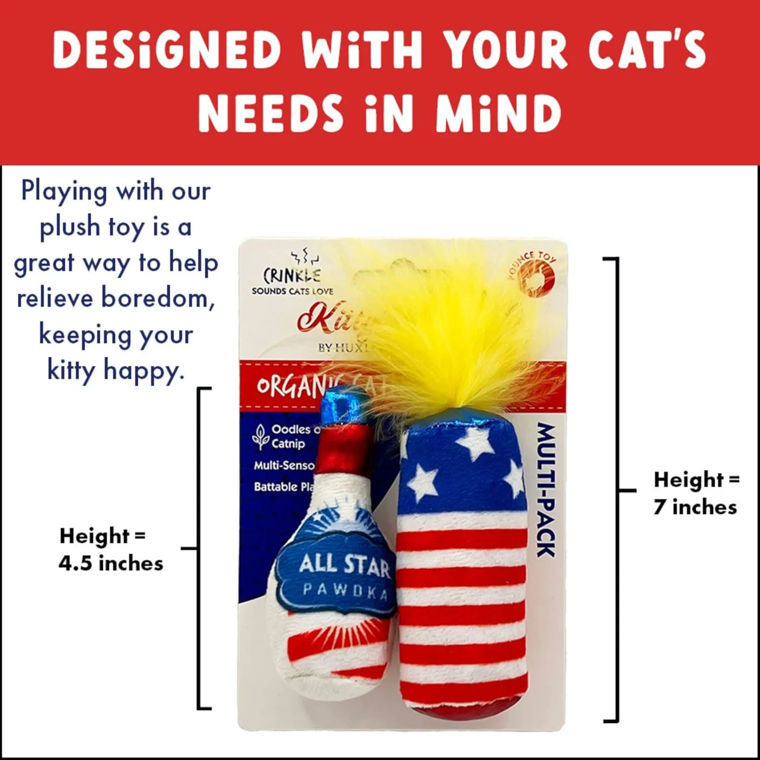Huxley & Kent 2-Pack Plush Cat Toys | Firecracker & All Star Pawdka | 4th of July Strong Catnip Filled Cat Toy | Plush Kitten and Cat Toy with Catnip and Crinkle | Kittybelles