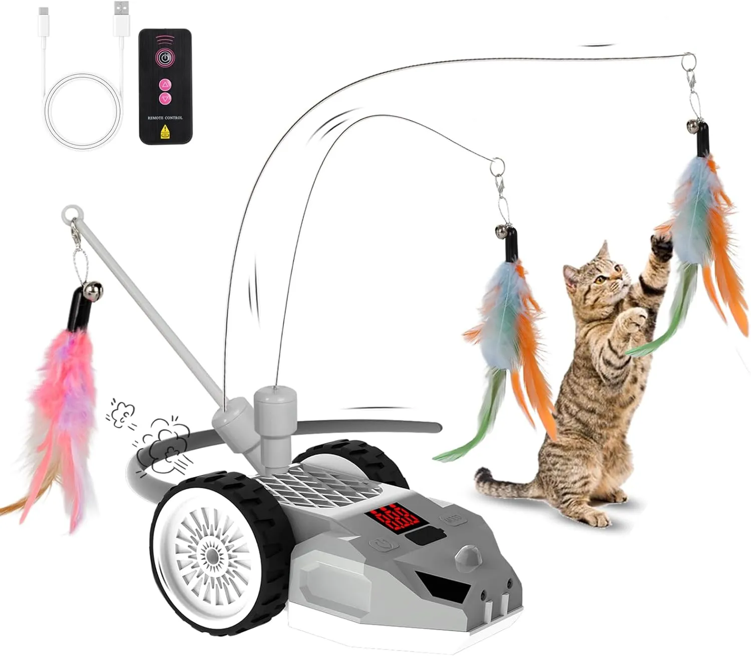 Interactive Cat Toys for Indoor Cats - Smart Moving Electric Mouse with Remote Control, Feather Tail, and Rechargeable Battery - Automatic Play for Bored Kittens and Adult Cats (Gray)