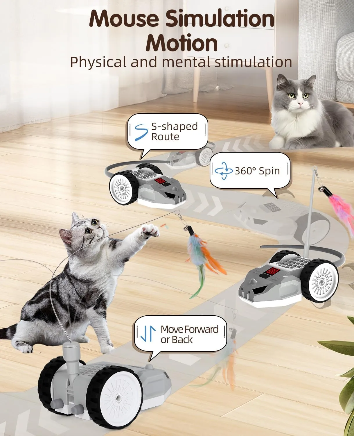 Interactive Cat Toys for Indoor Cats - Smart Moving Electric Mouse with Remote Control, Feather Tail, and Rechargeable Battery - Automatic Play for Bored Kittens and Adult Cats (Gray)