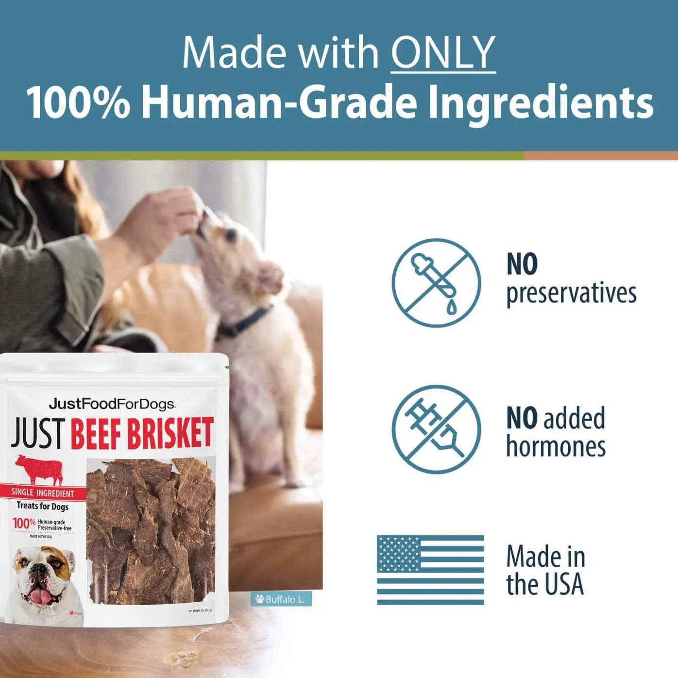 JustFoodForDogs Single-Ingredient Healthy Dog Treats, Beef Brisket, Made in The USA, 5 oz