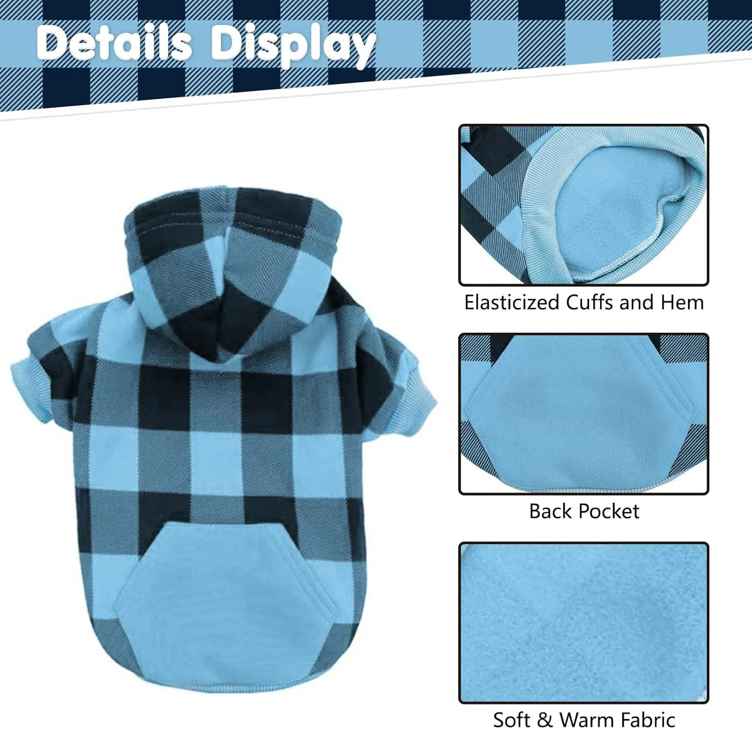 KOOLTAIL Plaid Dog Hoodie Pet Clothes Sweater with Hat and Pocket for Small Medium Large Size Dogs, Soft Winter Warm Dog Cold Weather Coat, Fleece Fall Dog Hooded Sweatshirt for Puppy Cats, Blue XS