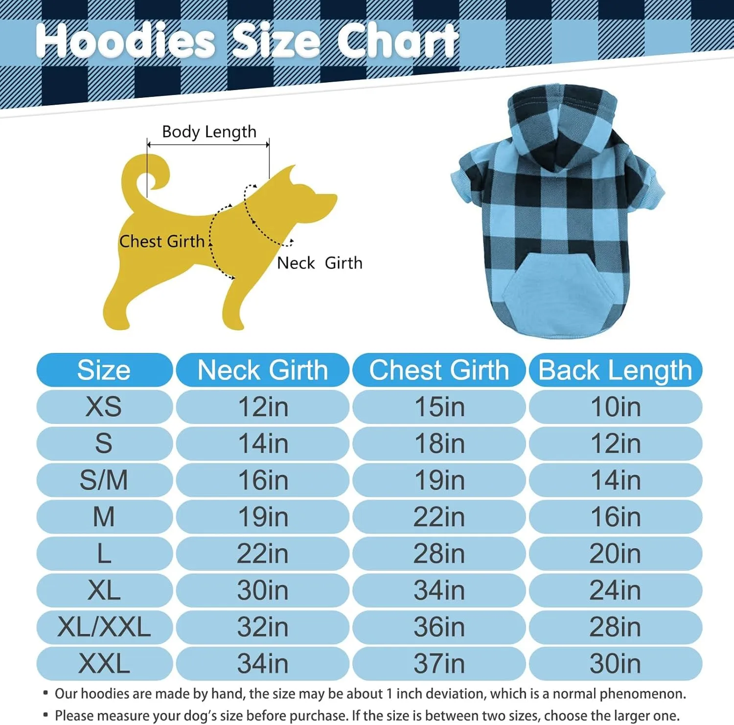 KOOLTAIL Plaid Dog Hoodie Pet Clothes Sweater with Hat and Pocket for Small Medium Large Size Dogs, Soft Winter Warm Dog Cold Weather Coat, Fleece Fall Dog Hooded Sweatshirt for Puppy Cats, Blue XS