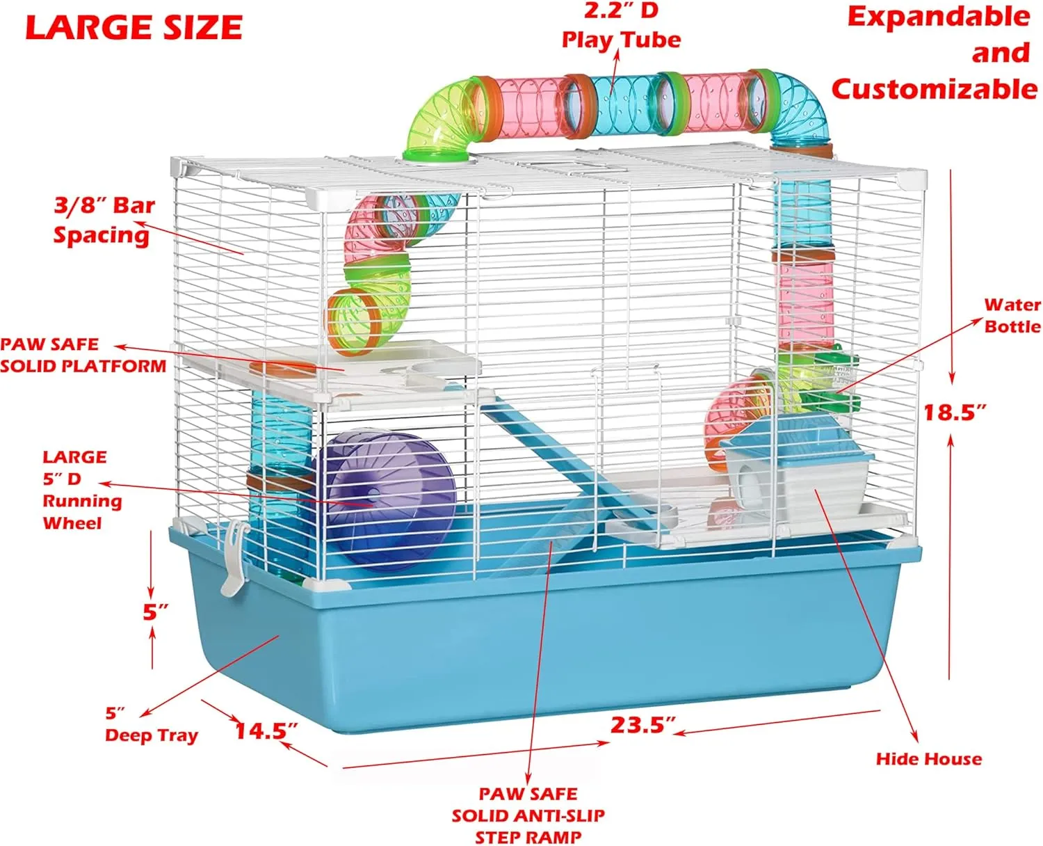Large Deluxe 3-Tiers Hamster Gerbil Mouse Mice Habitat House Critters Cage with Complete Set of Accessories Expandable and Customizable