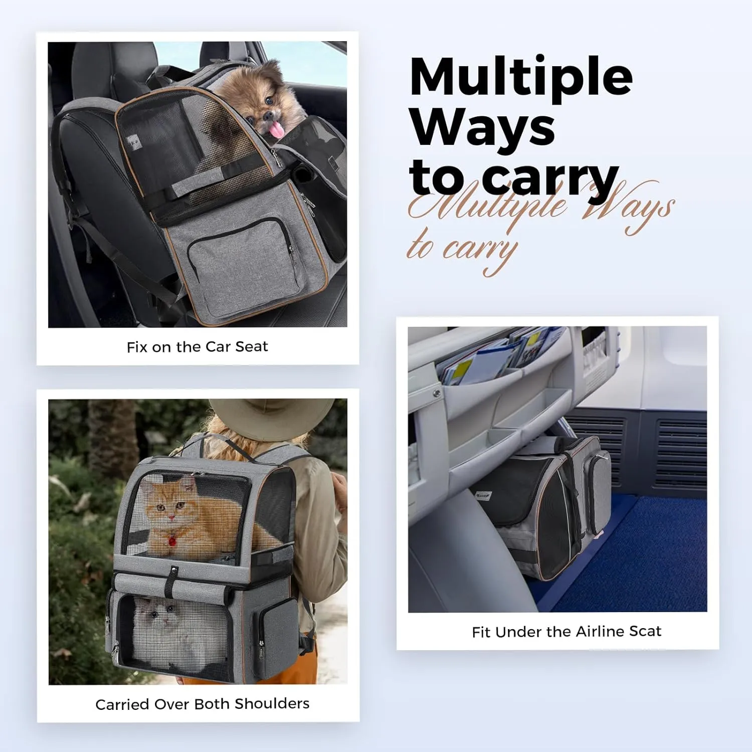 Lekebobor Double Cat Backpack Carrier for 2 Cats, Double-Compartment Pet Carrier Backpack for Two Small Cats or One Medium Dogs, Cats Carrier Backpack Dog Carrier Backpack Fits Up to 24 Lbs,Grey