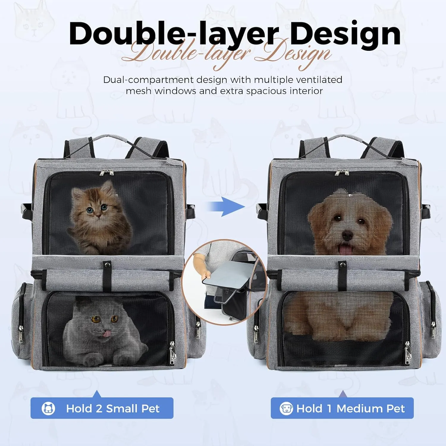 Lekebobor Double Cat Backpack Carrier for 2 Cats, Double-Compartment Pet Carrier Backpack for Two Small Cats or One Medium Dogs, Cats Carrier Backpack Dog Carrier Backpack Fits Up to 24 Lbs,Grey