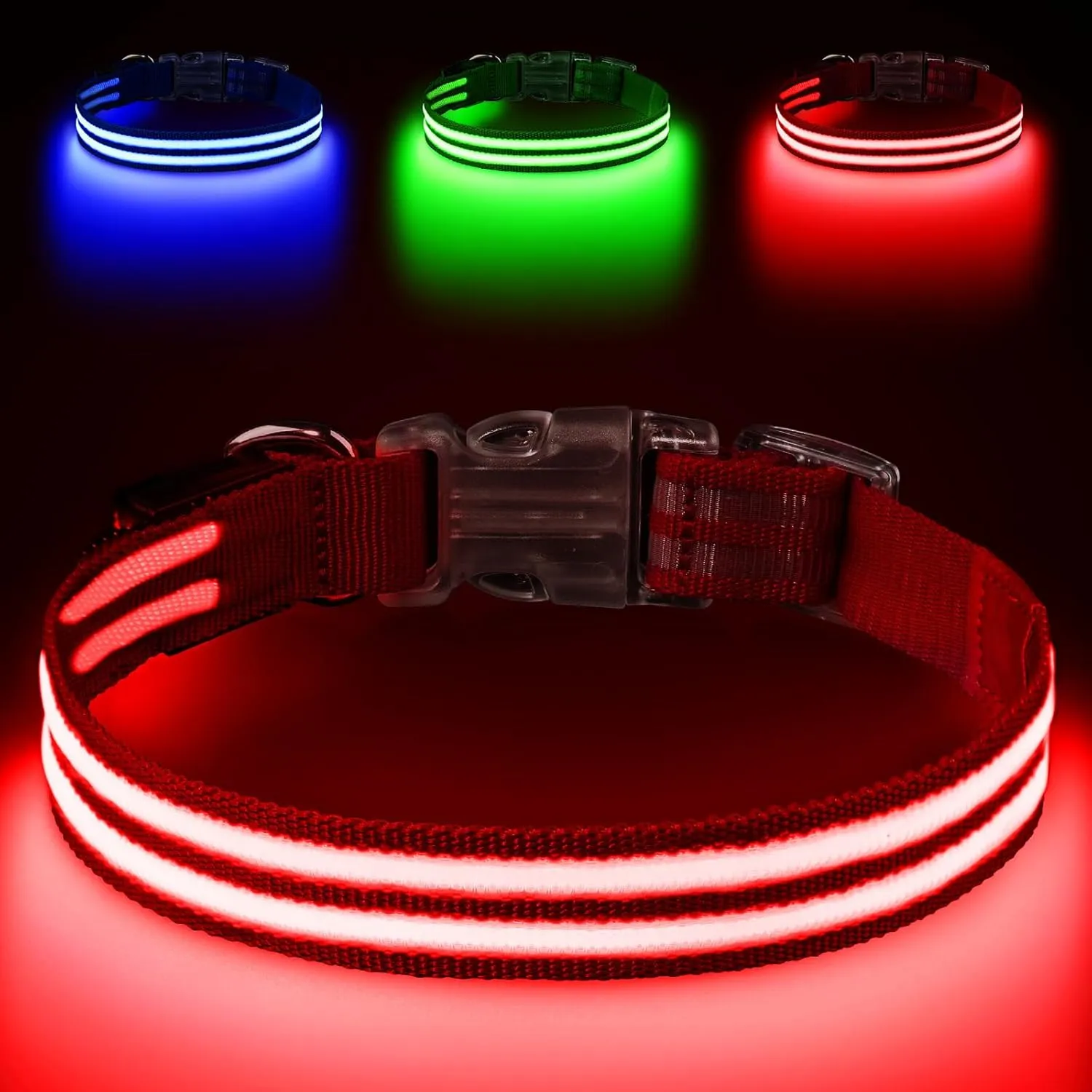 Light Up Dog Collar Rechargable,Reflective LED Collars for Small Medium Large Dogs,Lighted Dog Collars Lights for Night Walking-Waterproof,Red,M