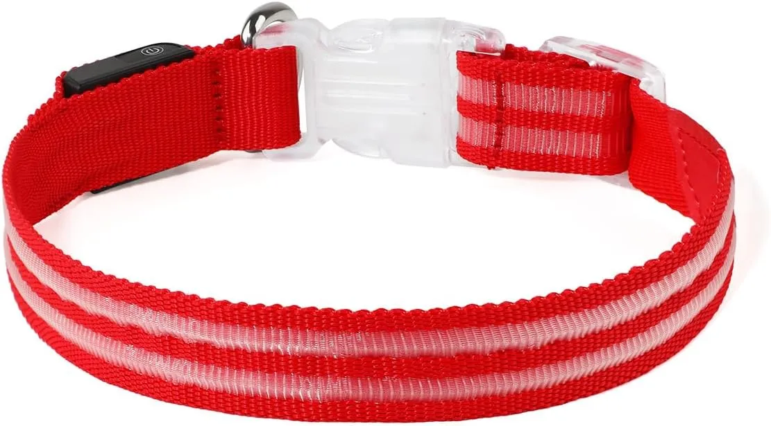 Light Up Dog Collar Rechargable,Reflective LED Collars for Small Medium Large Dogs,Lighted Dog Collars Lights for Night Walking-Waterproof,Red,M