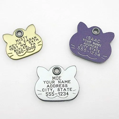 LuckyPet Pet ID Tag - Pink Plastic Cat Face - Durable Cat Tag - Easy to Read - Reflective on Back - Size: Small