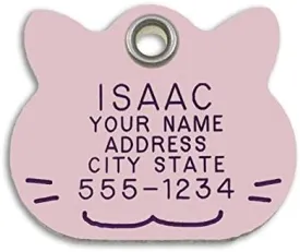 LuckyPet Pet ID Tag - Pink Plastic Cat Face - Durable Cat Tag - Easy to Read - Reflective on Back - Size: Small