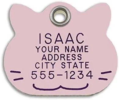 LuckyPet Pet ID Tag - Pink Plastic Cat Face - Durable Cat Tag - Easy to Read - Reflective on Back - Size: Small