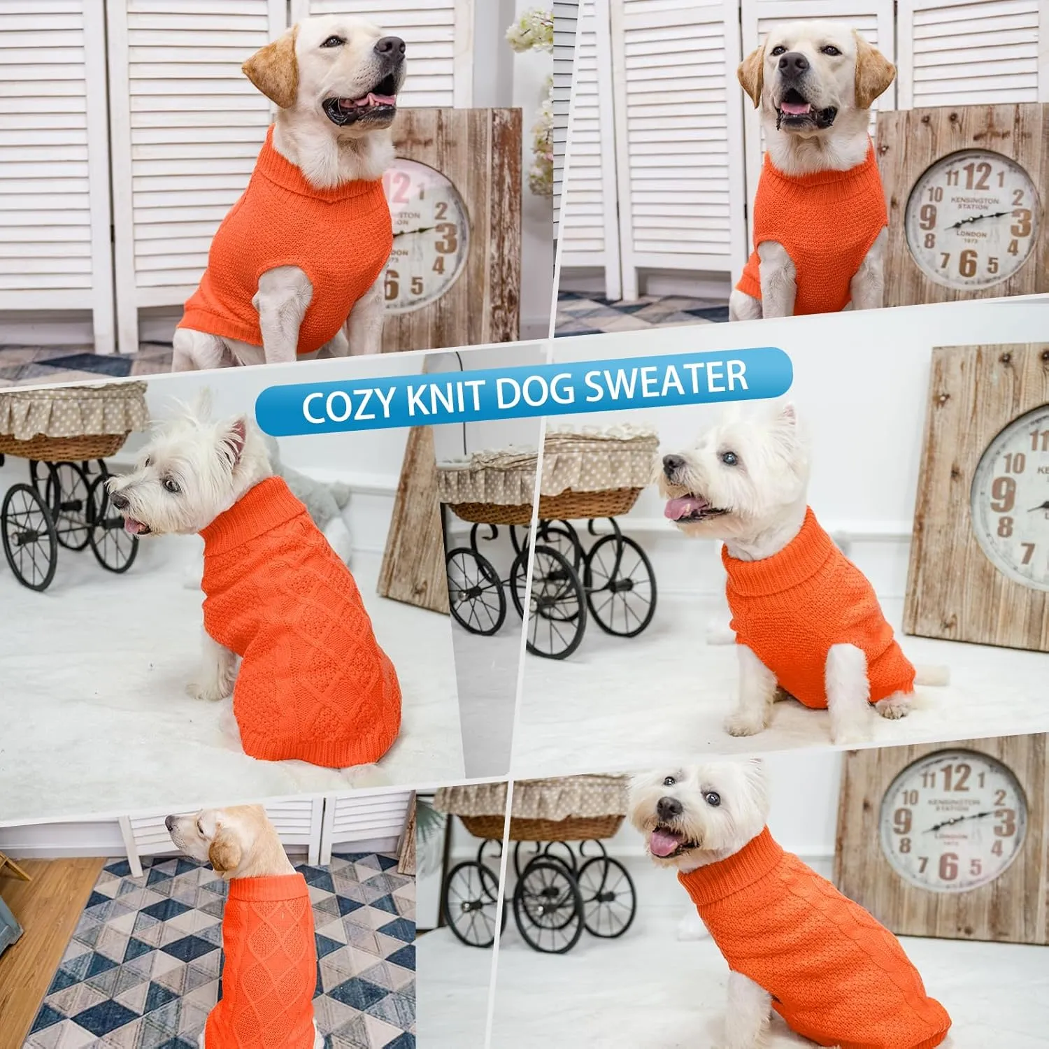 Mihachi Turtleneck Dog Sweater - Winter Coat Apparel Classic Cable Knit Clothes with Leash Hole for Cold Weather, Ideal Gift for Pet in New Year Orange Large