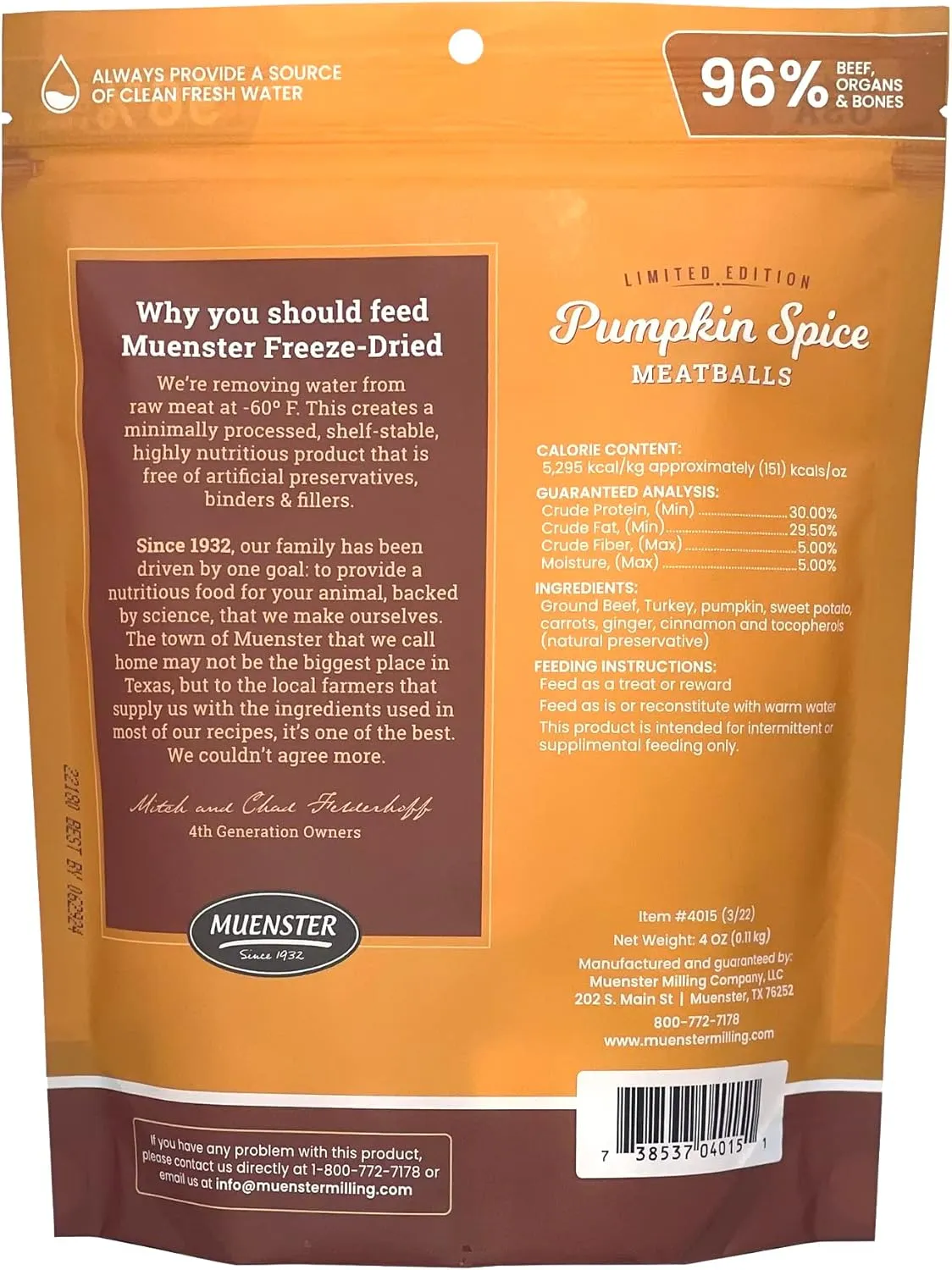 Muenster Freeze Dried Pumpkin Meatball Dog Treats 4 oz - Grain Free, Made in USA