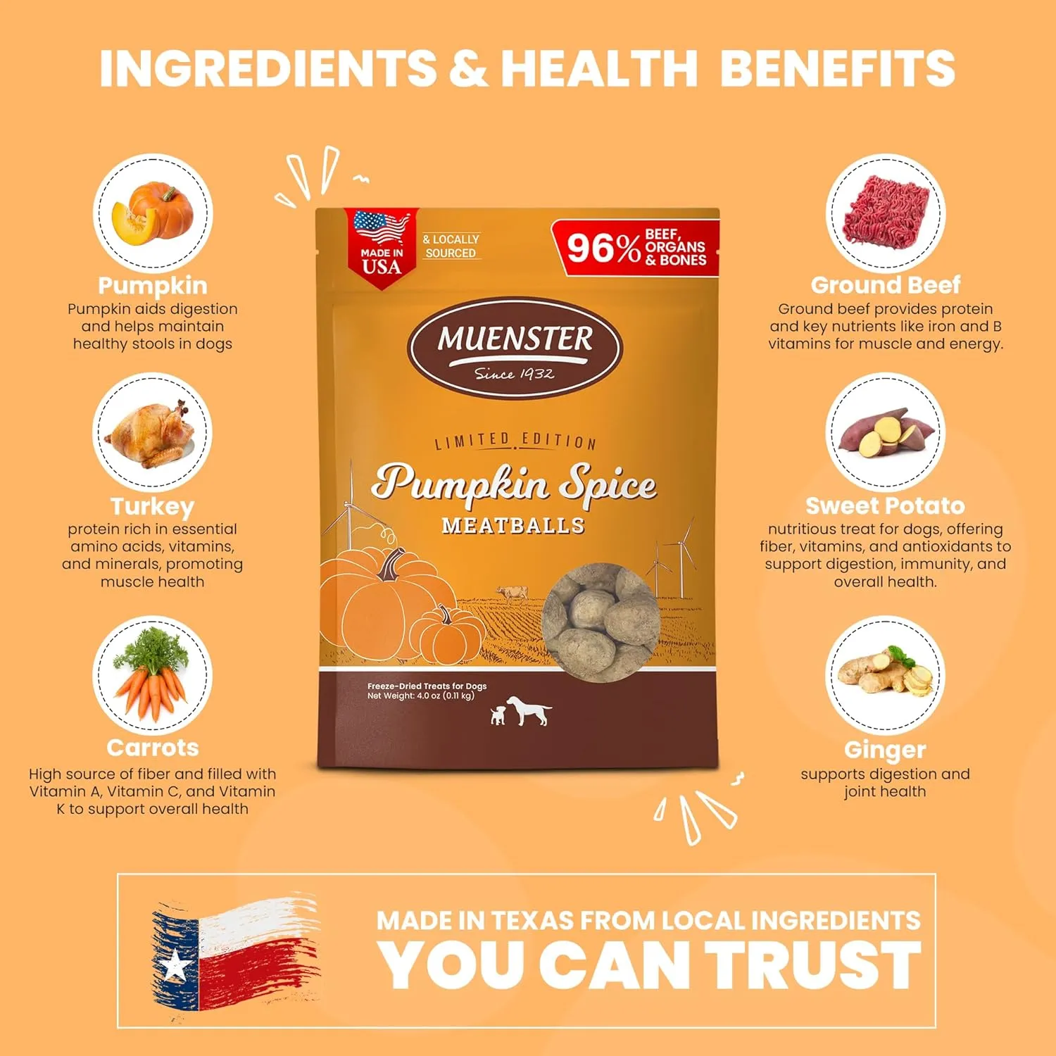 Muenster Freeze Dried Pumpkin Meatball Dog Treats 4 oz - Grain Free, Made in USA
