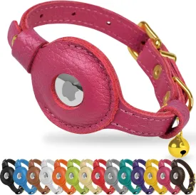OOPSDOGGY Leather AirTag Cat Collar with Bell - Non Breakaway Kitten Collar with Apple Air Tag Holder - Lightweight GPS Pet Collars for Girl Boy Cats, Small Dogs, Puppies (Pink)