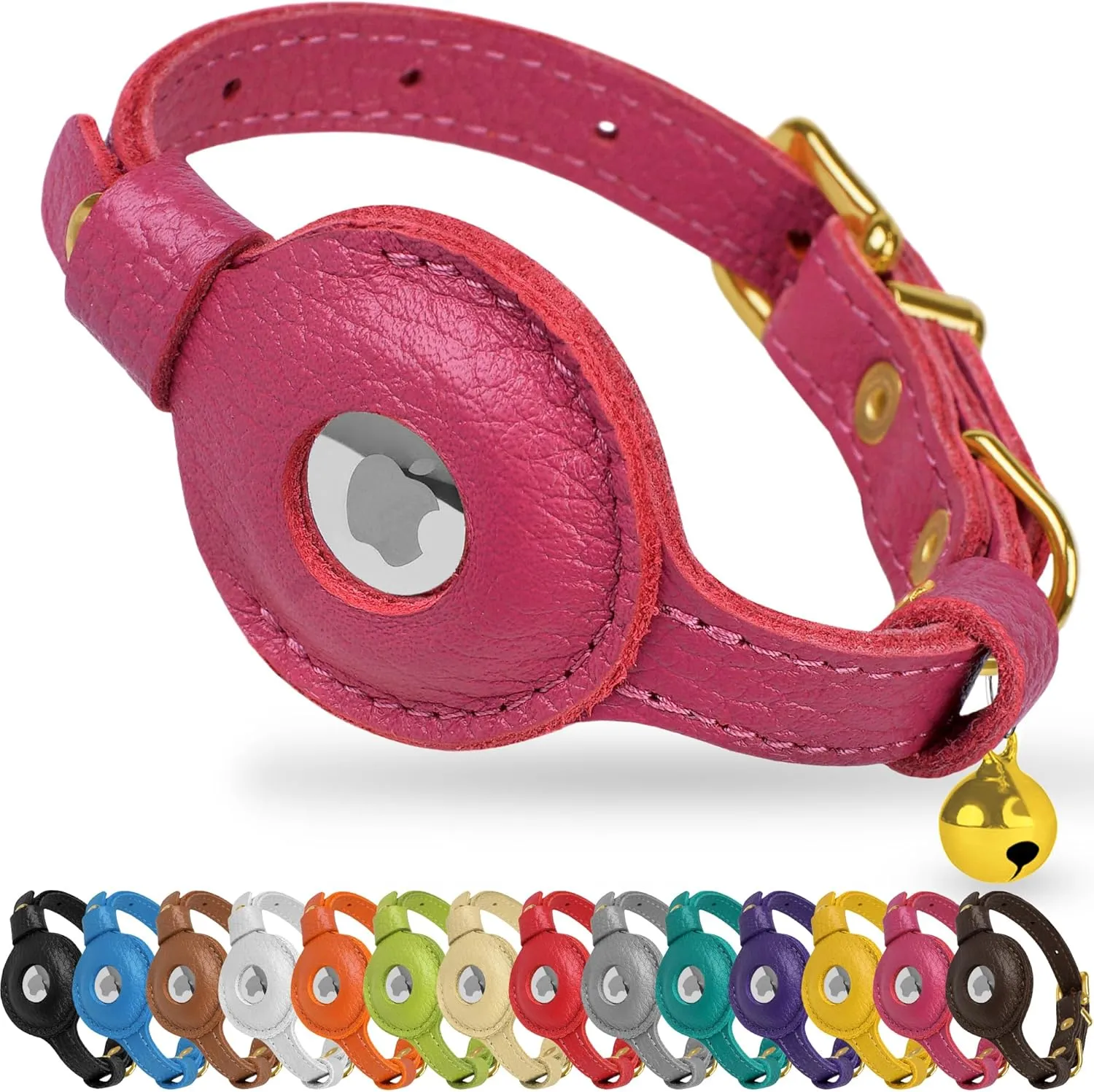 OOPSDOGGY Leather AirTag Cat Collar with Bell - Non Breakaway Kitten Collar with Apple Air Tag Holder - Lightweight GPS Pet Collars for Girl Boy Cats, Small Dogs, Puppies (Pink)