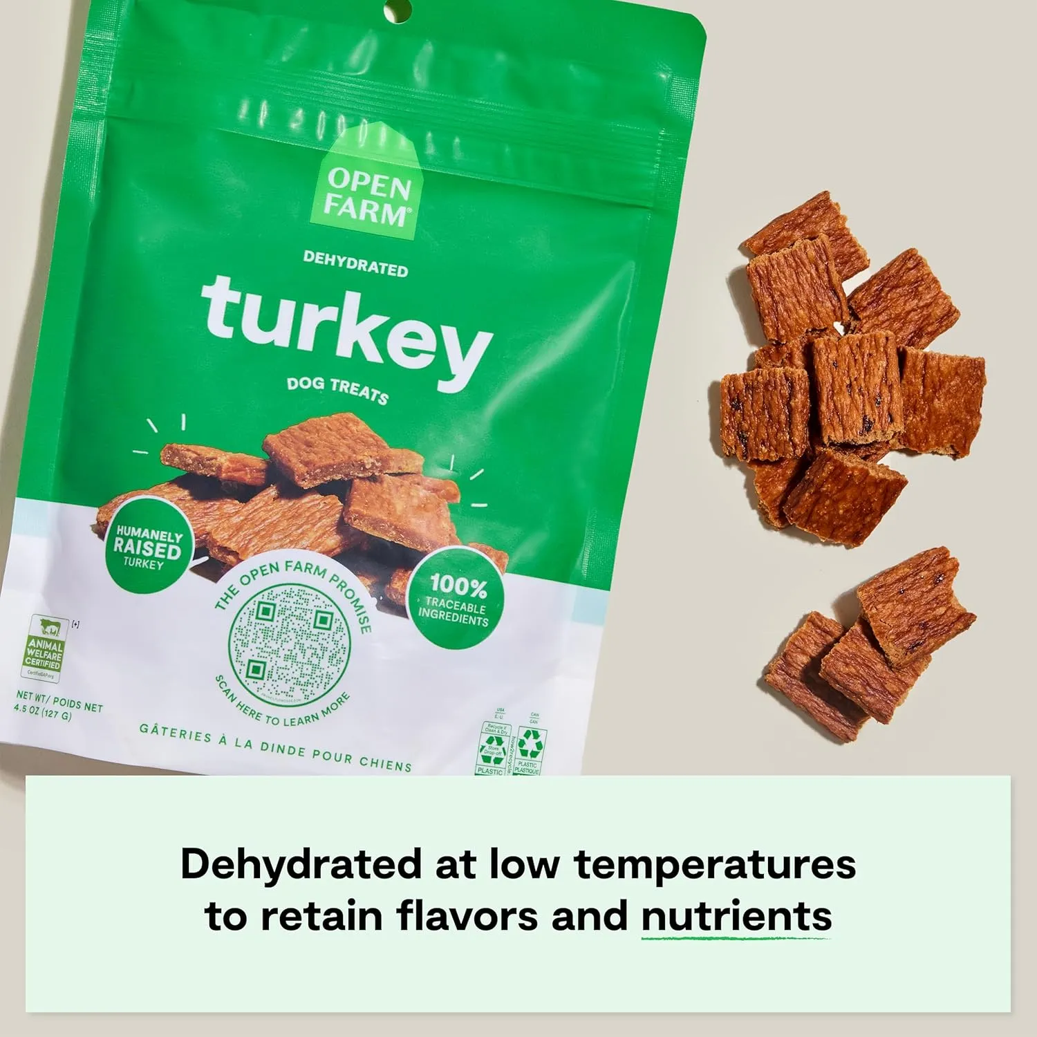 Open Farm, Dehydrated Dog Treats, High Protein & Low Carbohydrate Dog Snacks, Chewy Texture, Made with Ethically & Sustainably Sourced Ingredients, Turkey Recipe, 4.5oz Pouch