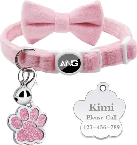 Personalized Breakaway Cat Collars with ID Tag Bell Bowtie,Safety Quick Release Customized Kitty Collars for Girls Boys Cats-Velvet Pattern-Pink
