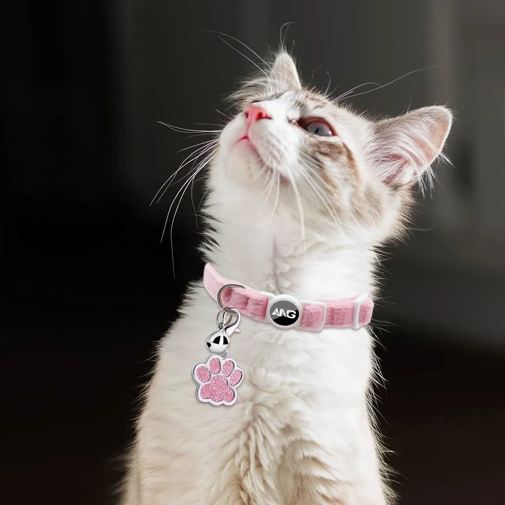 Personalized Breakaway Cat Collars with ID Tag Bell Bowtie,Safety Quick Release Customized Kitty Collars for Girls Boys Cats-Velvet Pattern-Pink