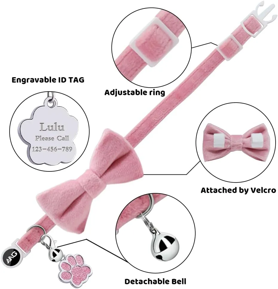 Personalized Breakaway Cat Collars with ID Tag Bell Bowtie,Safety Quick Release Customized Kitty Collars for Girls Boys Cats-Velvet Pattern-Pink
