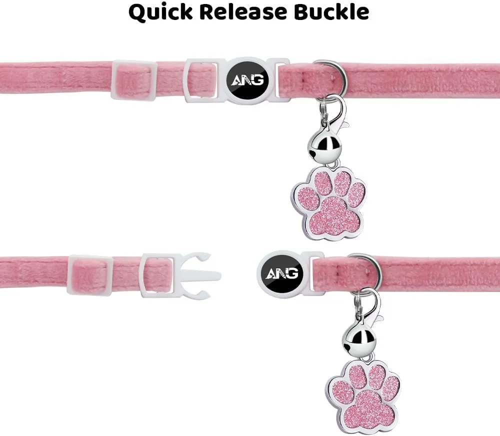 Personalized Breakaway Cat Collars with ID Tag Bell Bowtie,Safety Quick Release Customized Kitty Collars for Girls Boys Cats-Velvet Pattern-Pink