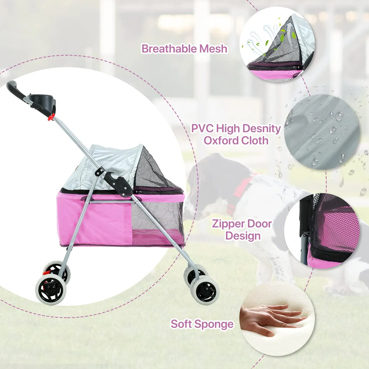Pet Stroller Jogger Folding Travel Carrier 4 Wheels Puppy Kitten Cage with Cup Holder 35 Pound Capacity Doggie Stroller for Small Medium Dogs Cats, Pink