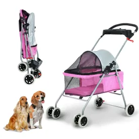 Pet Stroller Jogger Folding Travel Carrier 4 Wheels Puppy Kitten Cage with Cup Holder 35 Pound Capacity Doggie Stroller for Small Medium Dogs Cats, Pink