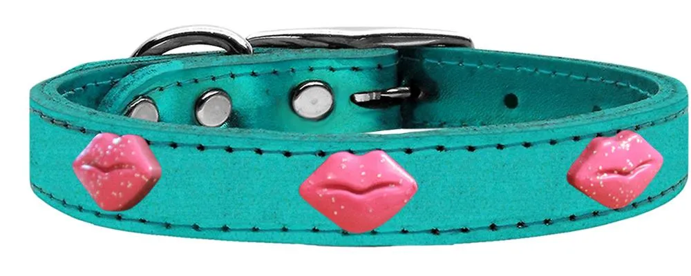Pink Glitter Lips Widget Genuine Metallic Leather Dog Collar Turquoise 14