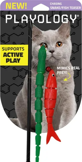 Playology Cat Toy Snake and Fish Teaser | Interactive Toy with Jingle Bells and Interchangeable Lures That Supports Active Play | Perfect for Active Indoor Cats