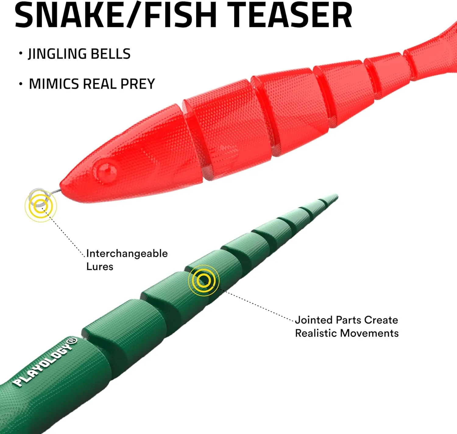Playology Cat Toy Snake and Fish Teaser | Interactive Toy with Jingle Bells and Interchangeable Lures That Supports Active Play | Perfect for Active Indoor Cats