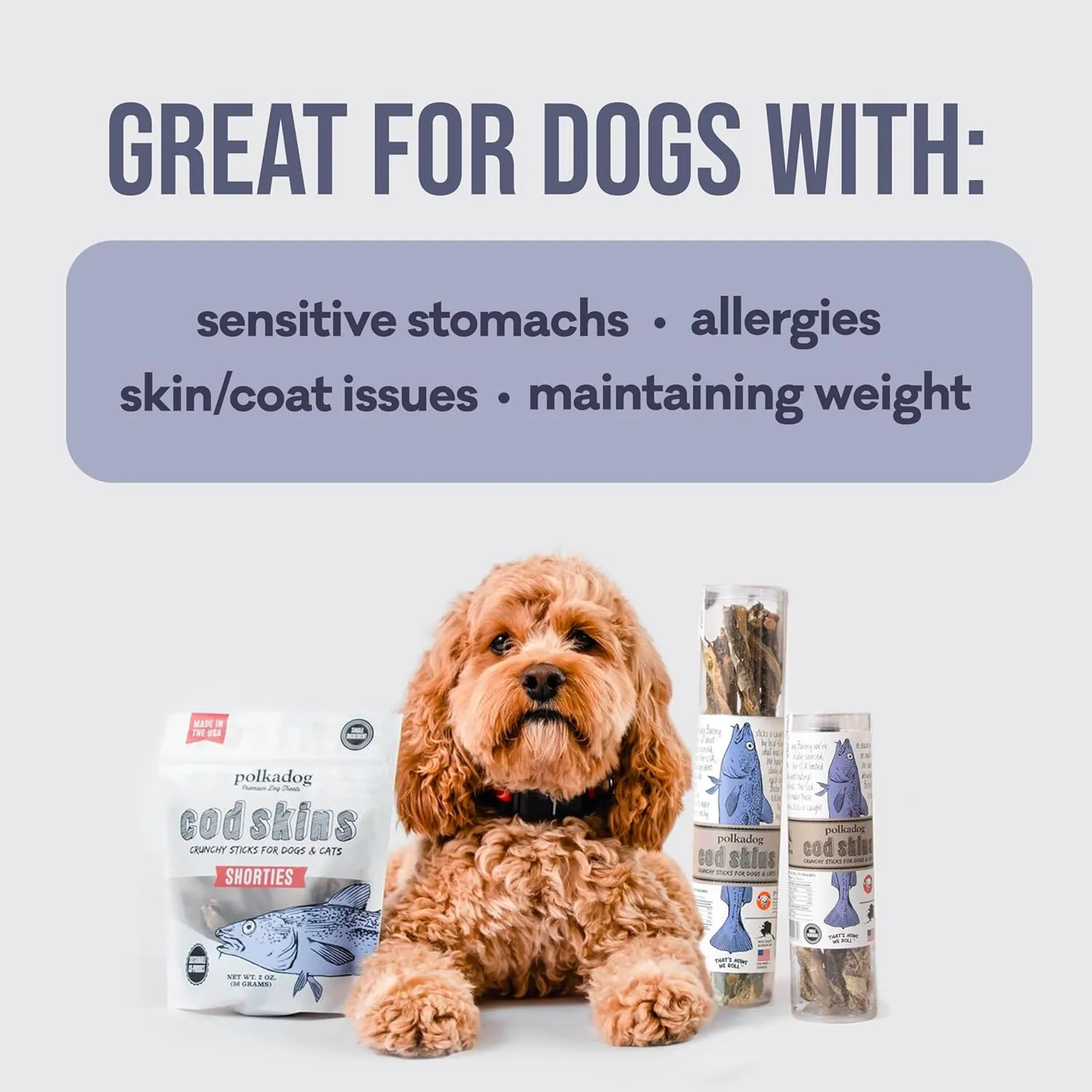 Polkadog Cod Skins Dog Treat - Lean Protein, Made in USA, Single-Ingredient, Grain & Gluten Free, for All Breeds - Crunchy Fish Skin Treat for Teeth Health, 2lb Shortie