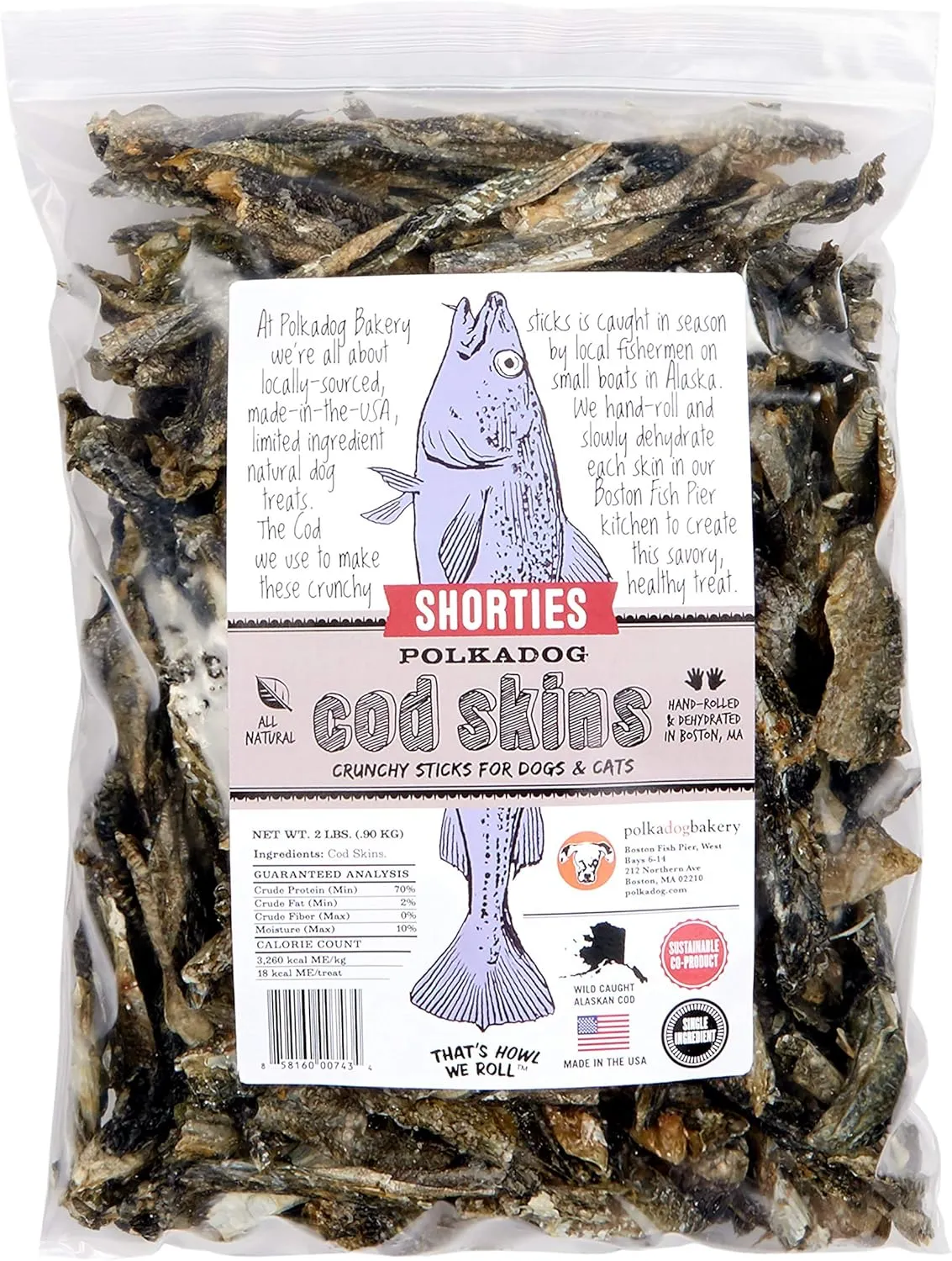 Polkadog Cod Skins Dog Treat - Lean Protein, Made in USA, Single-Ingredient, Grain & Gluten Free, for All Breeds - Crunchy Fish Skin Treat for Teeth Health, 2lb Shortie