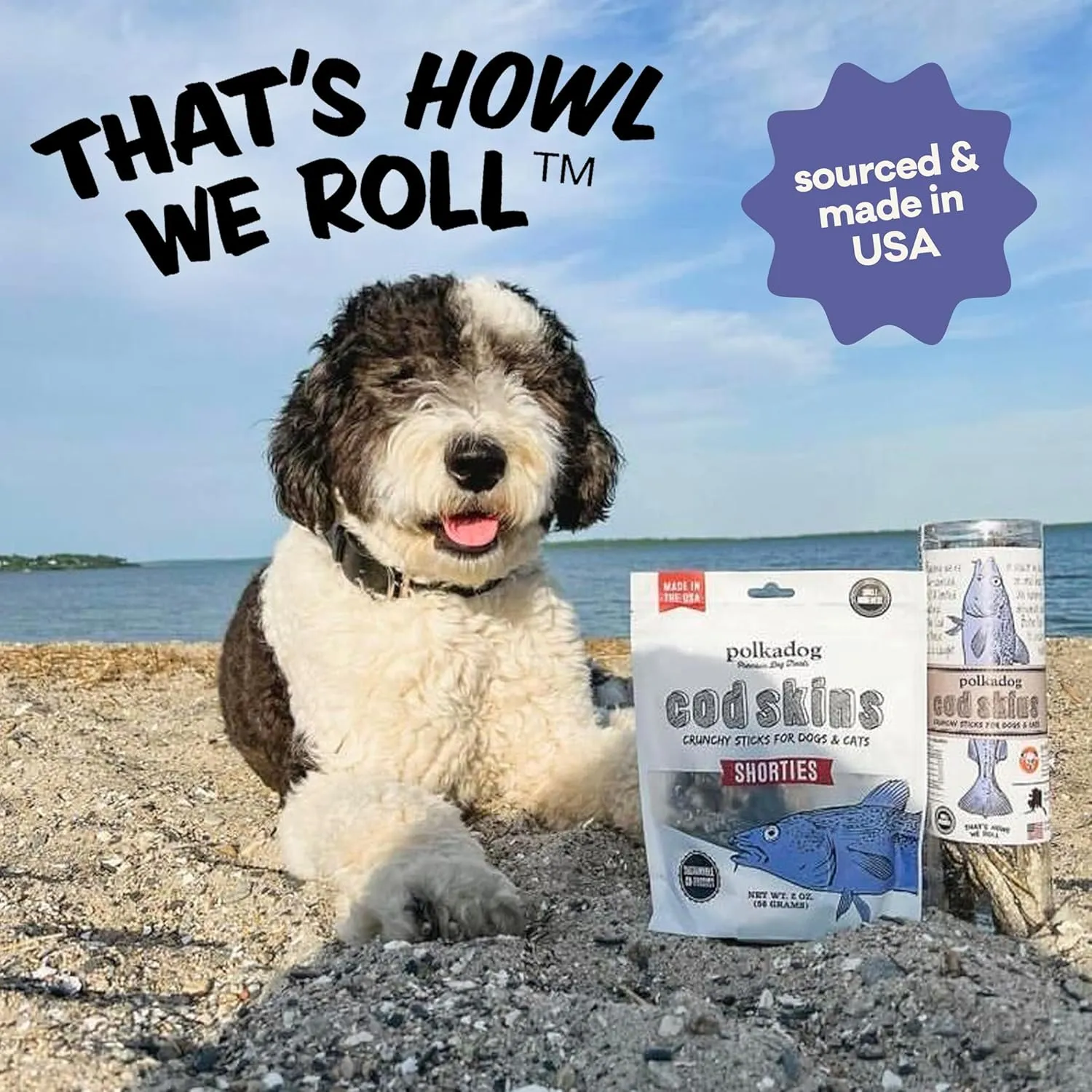 Polkadog Cod Skins Dog Treat - Lean Protein, Made in USA, Single-Ingredient, Grain & Gluten Free, for All Breeds - Crunchy Fish Skin Treat for Teeth Health, 2lb Shortie