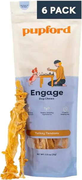 Pupford Turkey Tendon Dog Treats, High-Protein Chews for Healthy Teeth & Joints, Single Ingredient, Grain-Free, Made in USA (2.5 oz, 6 Pack)