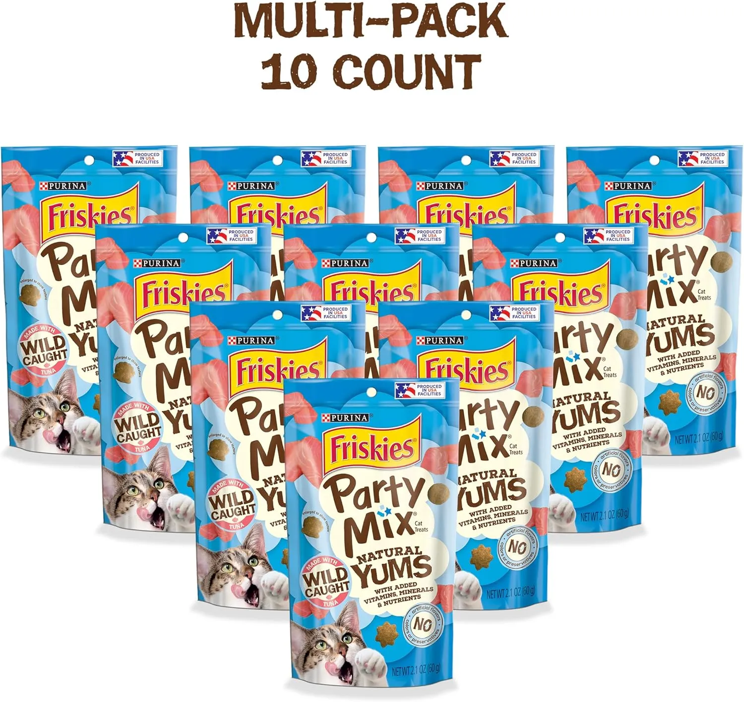 Purina Friskies Natural Cat Treats, Party Mix Natural Yums With Wild Tuna - (Pack of 10) 2.1 oz. Pouches