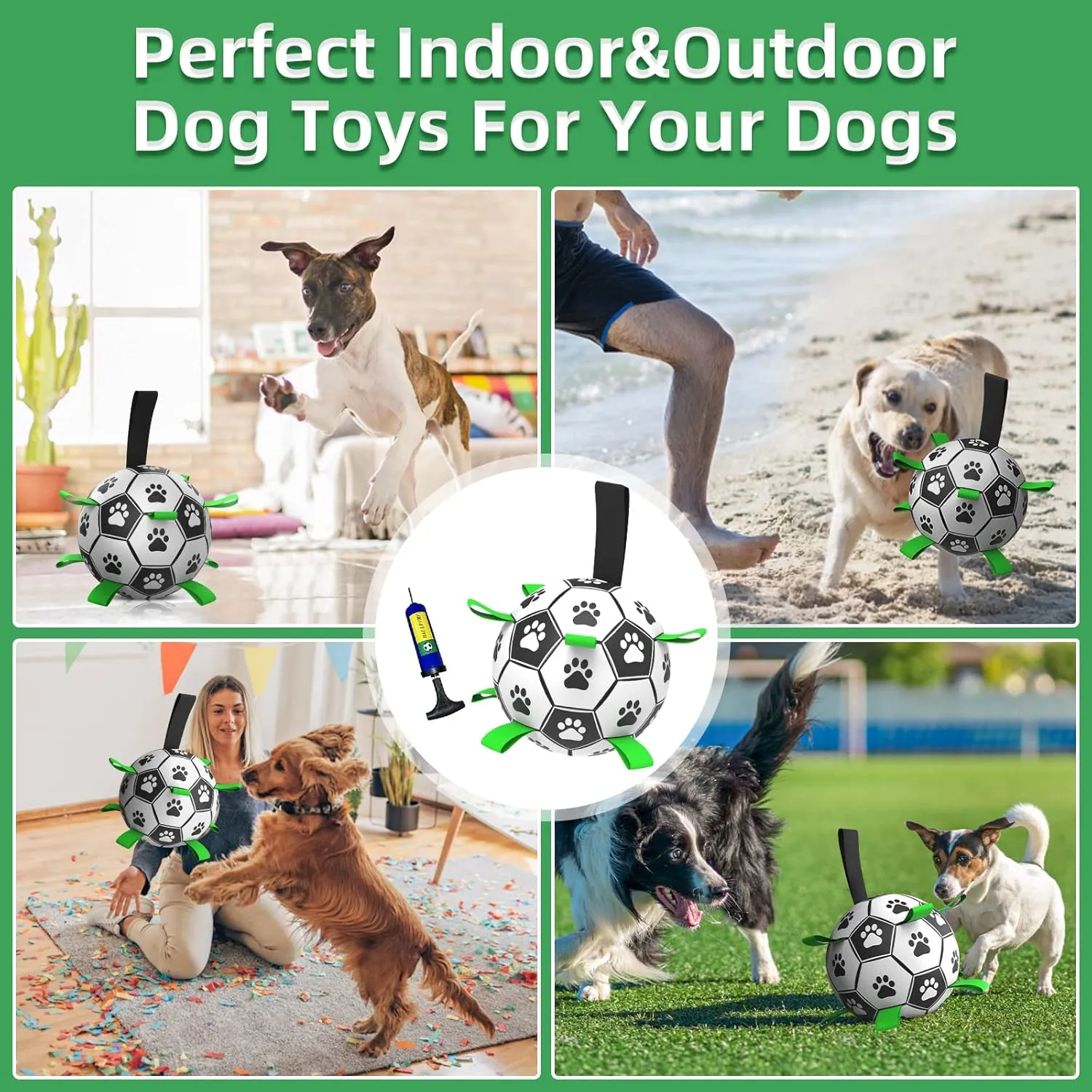 QDAN Dog Soccer Balls Toy with Bell Inside, Outdoor Interactive Toys for Tug of War, Puppy Birthday Gifts, Water Toy, Durable Ropes Squeaky Ball for Small Medium Dogs 6 INCH