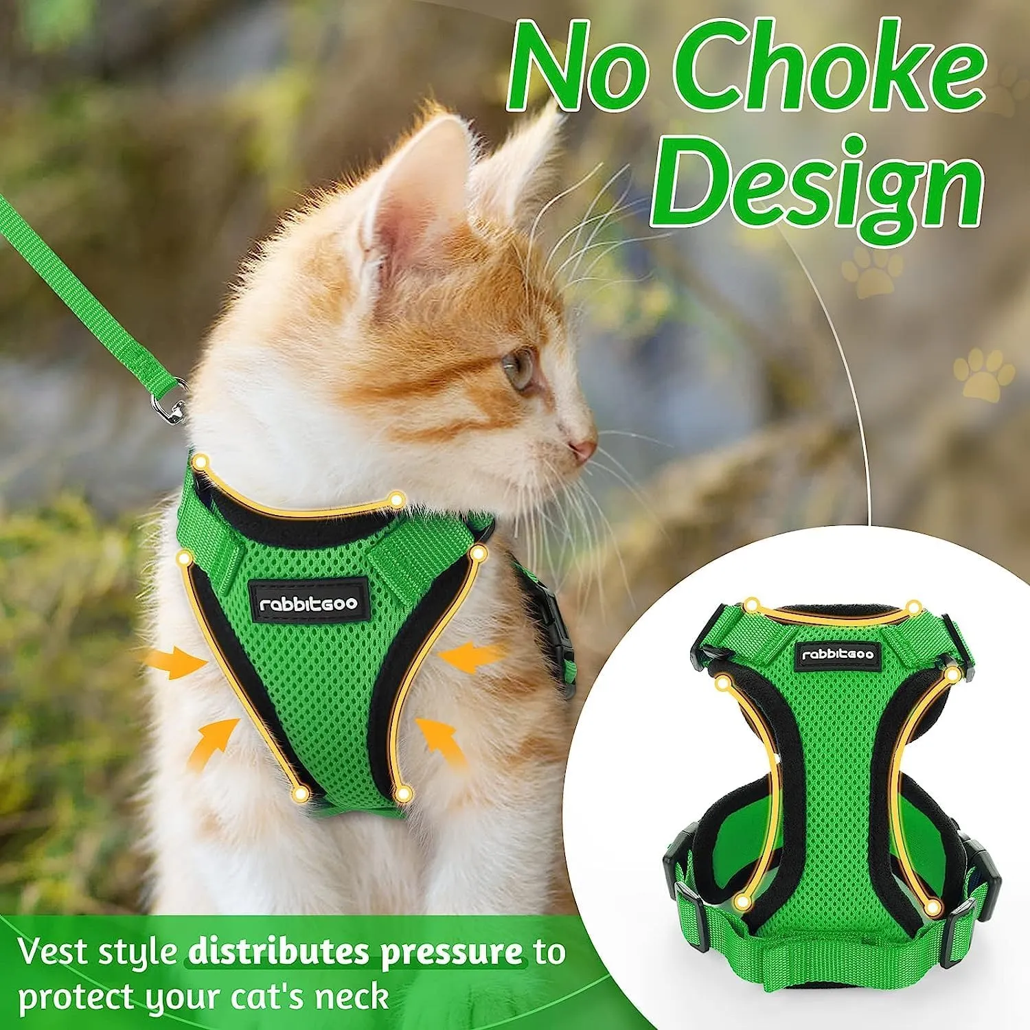 rabbitgoo Cat Harness and Leash for Walking, Escape Proof Soft Adjustable Vest Harnesses for Cats, Easy Control Breathable Reflective Strips Jacket, Grass Green, XXS