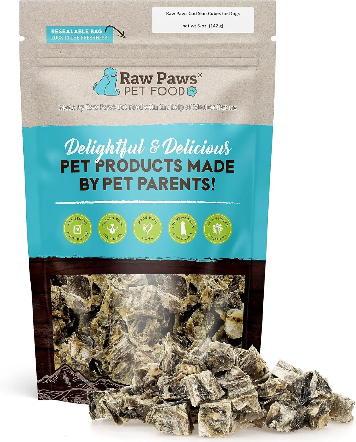 Raw Paws Cod Skin Dog Treats, 5-oz (Cubes) - Crunchy Cod Skins for Dogs - Fish Skin for Dogs