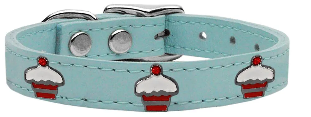 Red Cupcake Widget Genuine Leather Dog Collar Baby Blue 12