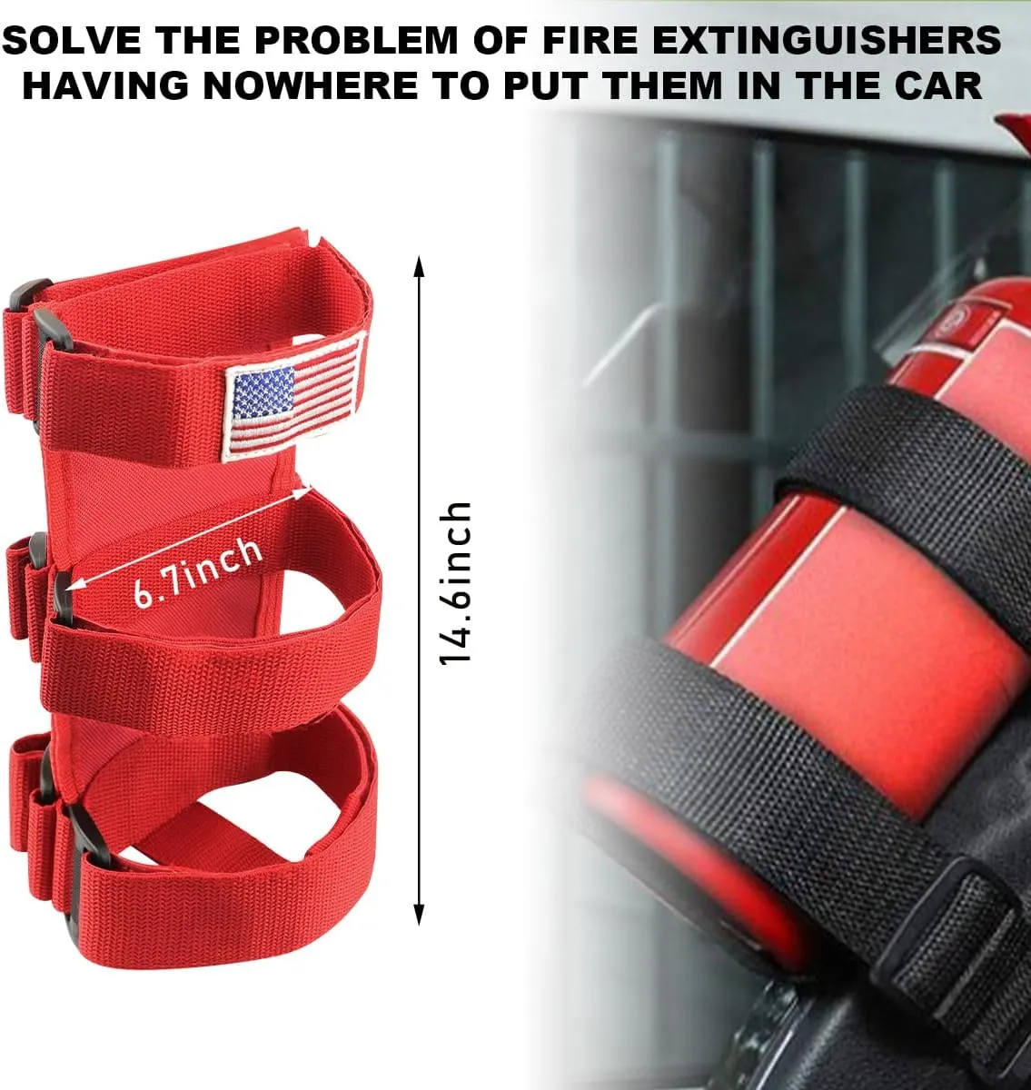 Roll Bar Fire Extinguisher Holder, Adjustable Wear-Resistant Fire Extinguisher Mount Strap with American Flag Pattern, Universal Car Accessories for Cars Truck Wrangler (Red)