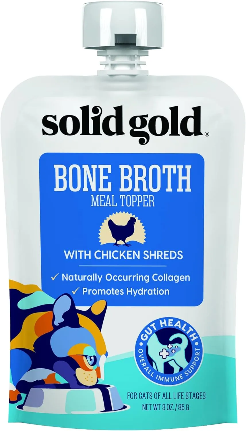 Solid Gold Bone Broth Cat Food Topper - Lickable Wet Food with Protein Shreds for Hydration - Easy to Serve Gravy Bone Broth for Cats - Chicken - 12 Pack