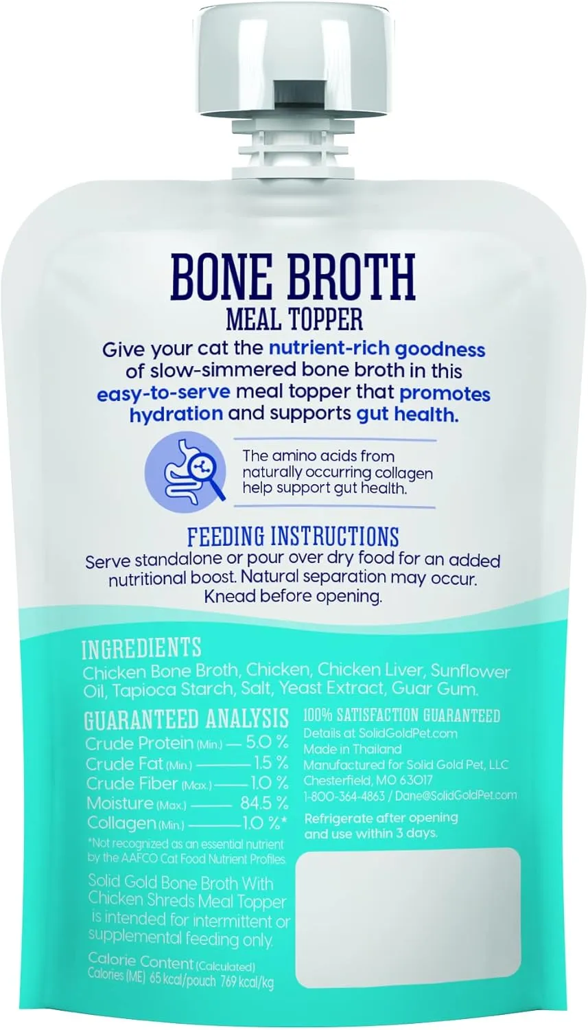 Solid Gold Bone Broth Cat Food Topper - Lickable Wet Food with Protein Shreds for Hydration - Easy to Serve Gravy Bone Broth for Cats - Chicken - 12 Pack