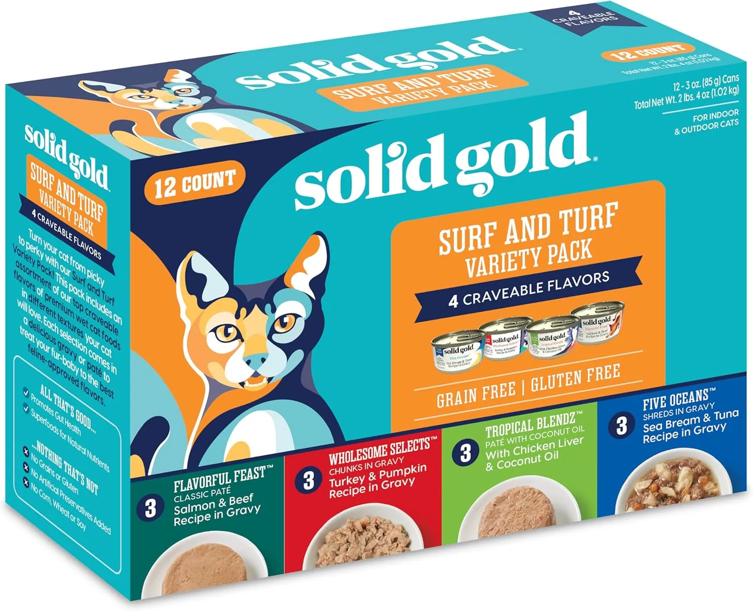 Solid Gold Wet Cat Food for Adult & Senior Cats 12 Pack - Surf & Turf Wet Cat Food Variety Pack - Made with Real Protein for Healthy Digestion and Sensitive Stomach